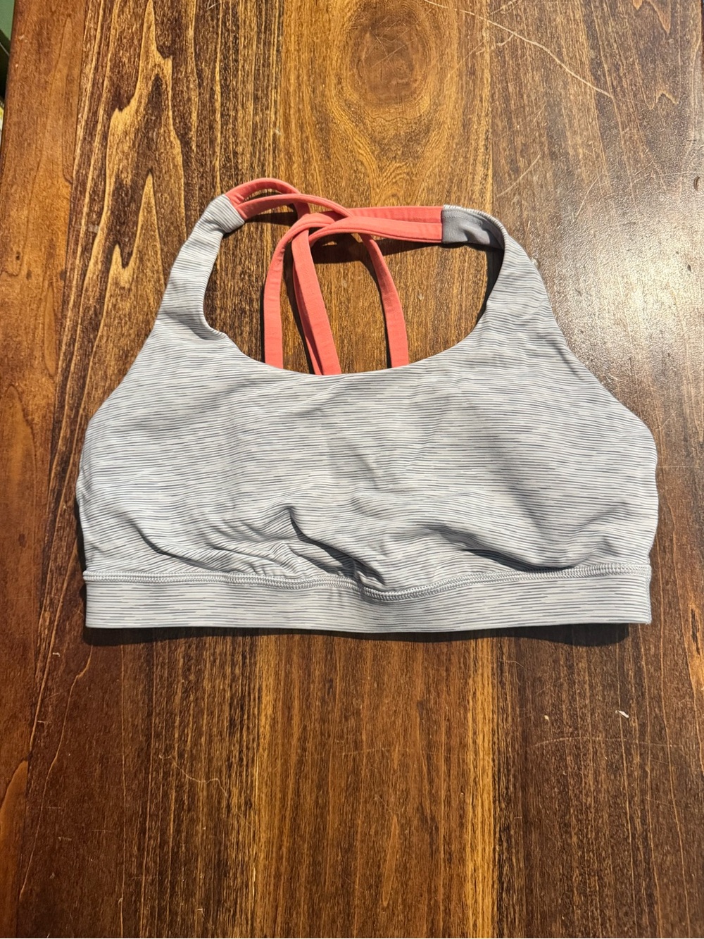 Lululemon Striped Light Gray Sports Bralette with Coral Straps energy